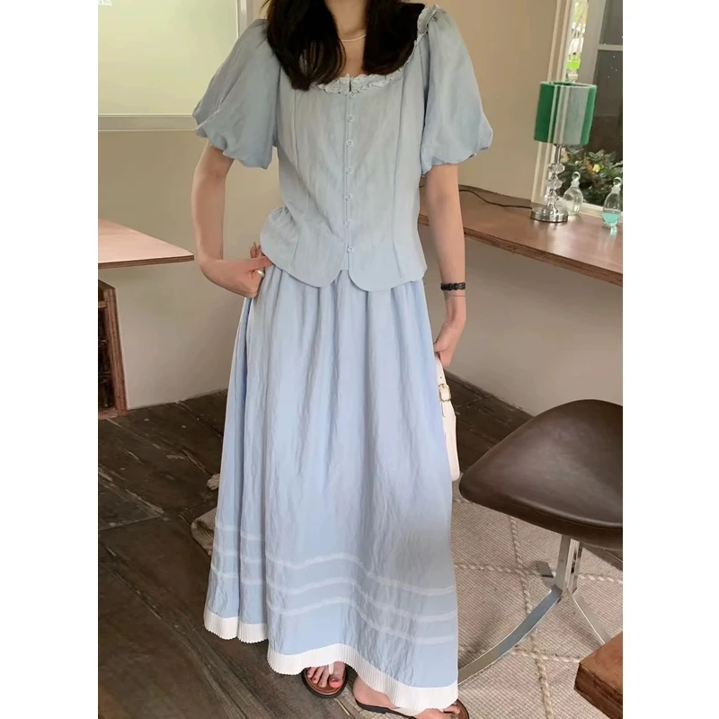 【25048】木耳边领泡泡袖上衣+半身裙两件套套装