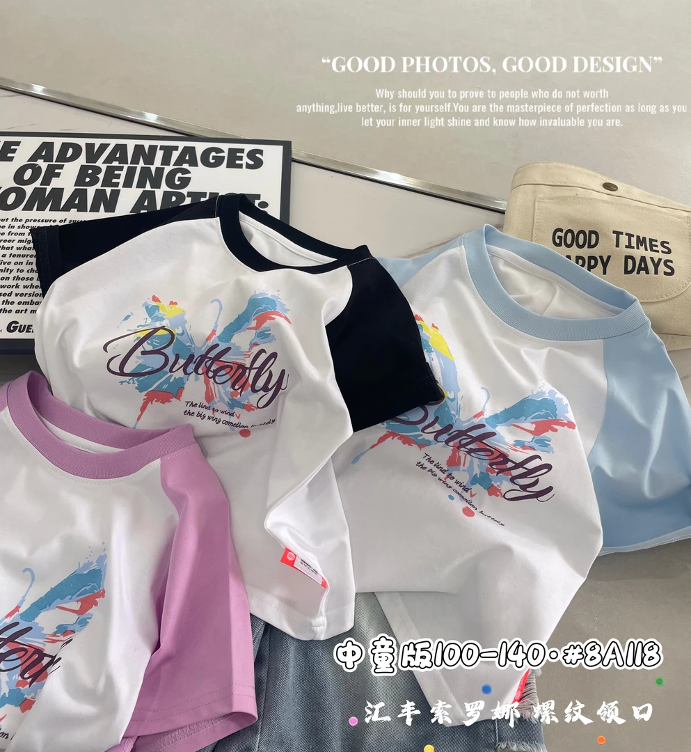 F081非同儿童夏季插肩袖蝴蝶字母短袖T恤118