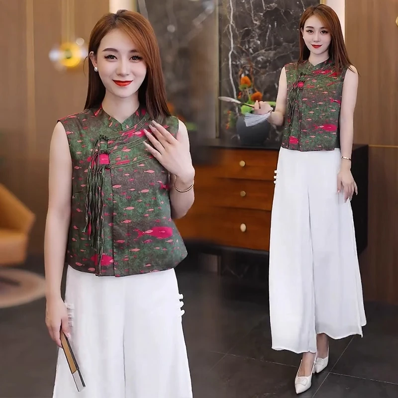 新中式时尚套装女2025夏新款洋气质盘扣无袖衬衣阔腿裤国风两件套