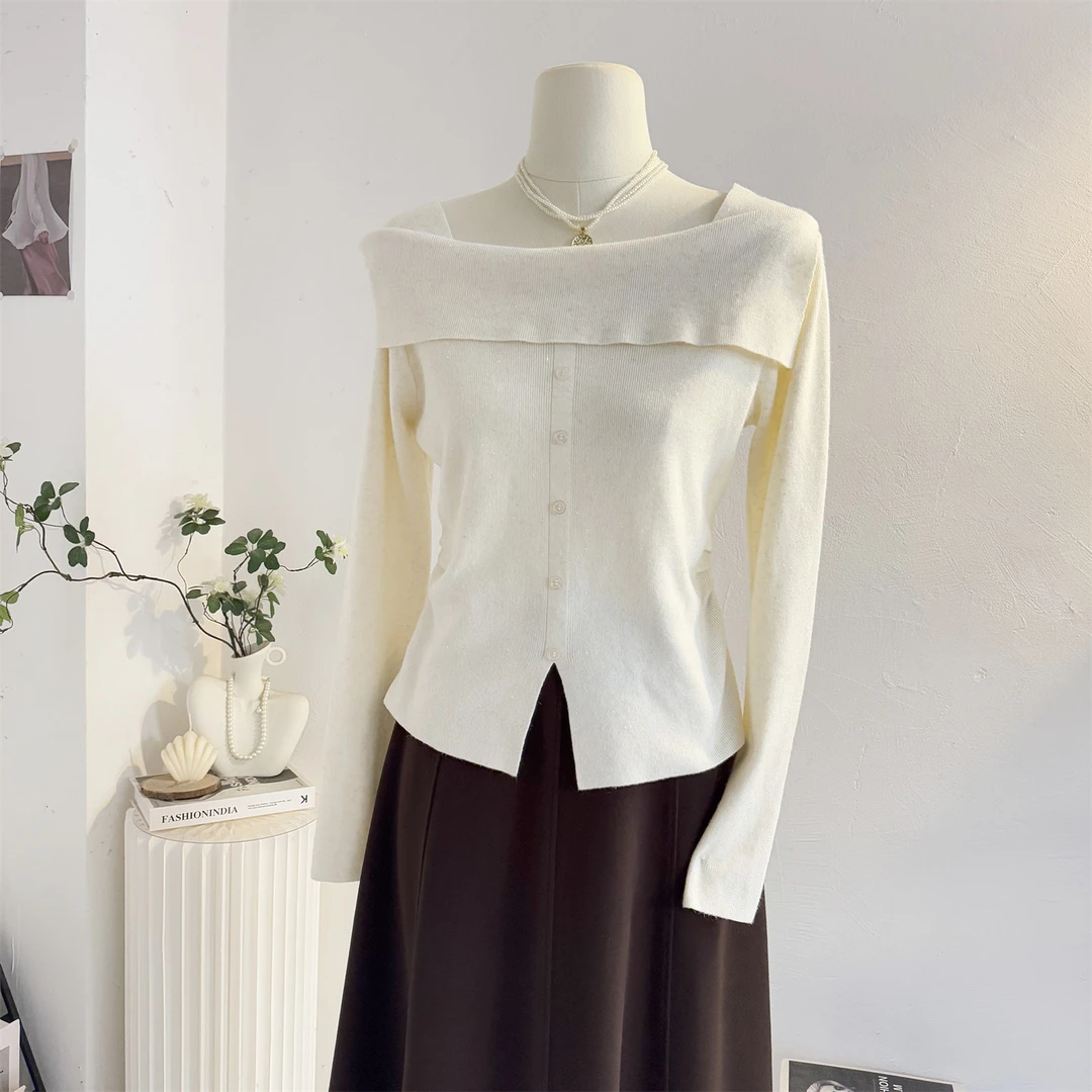 法式温柔风方领亮丝针织衫女2025秋冬褶皱收腰开叉内搭打底衫上衣