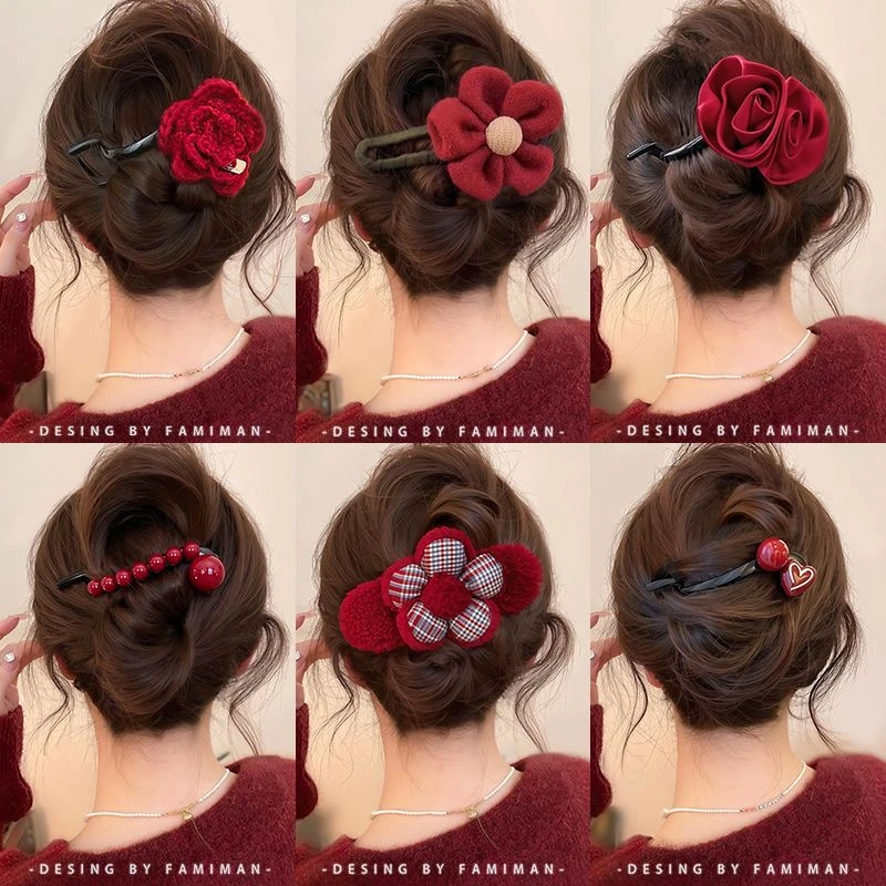 新年红色发夹女后脑勺2024新款高端鸭嘴夹一字头发卡扭扭夹子头饰
