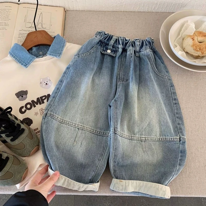 儿童牛仔裤韩版宽松男女童休闲阔腿工装裤子2025新款春秋宝宝长裤