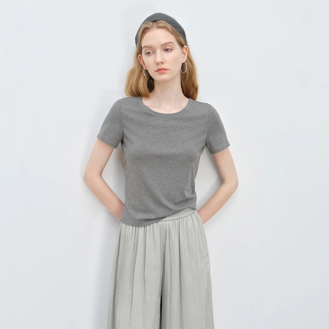 自巧[5A抗菌]小个子女装简约圆领修身T恤女短袖百搭上衣25ZQ92356