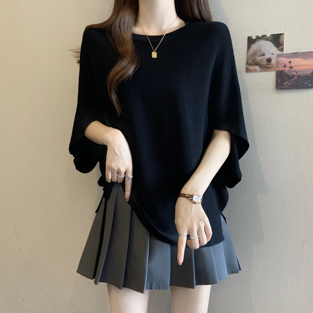 法式高级感气质冰丝针织衫短袖T恤女夏大码胖MM宽松显瘦百搭上衣