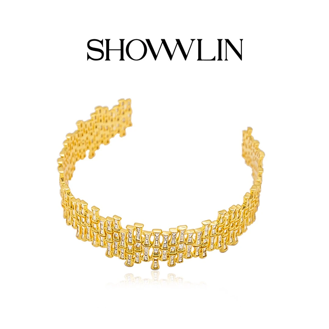 ShownLin 铜合金合成锆石项链 金色竹节开口颈链时尚轻奢气质小众