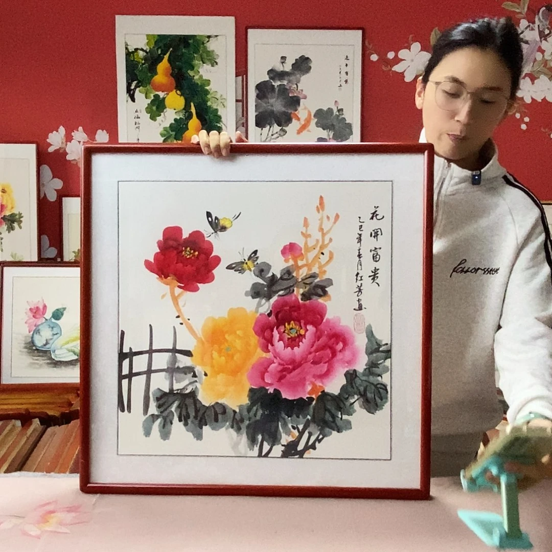 国画手写手绘带框包邮国画作品62✖️62