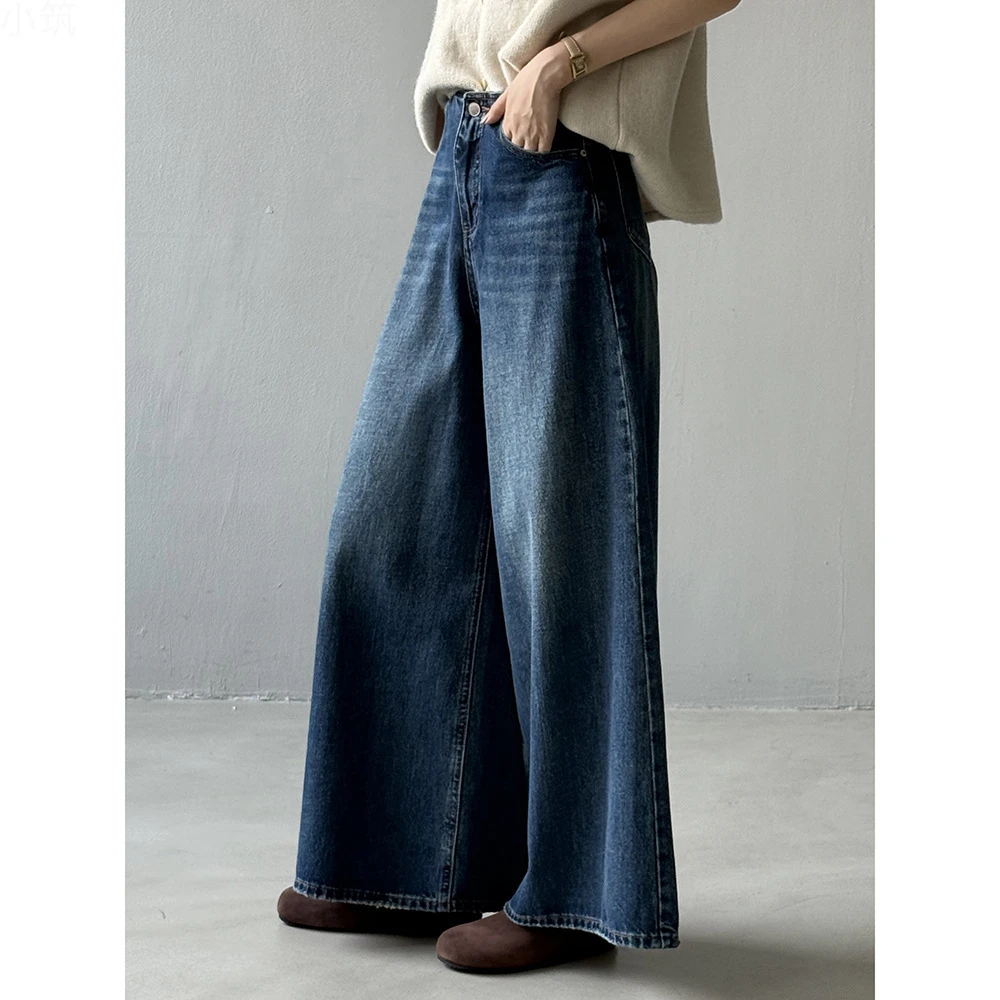 美式松弛感阔腿牛仔裤女 秋季高腰宽松设计大裤摆长裤