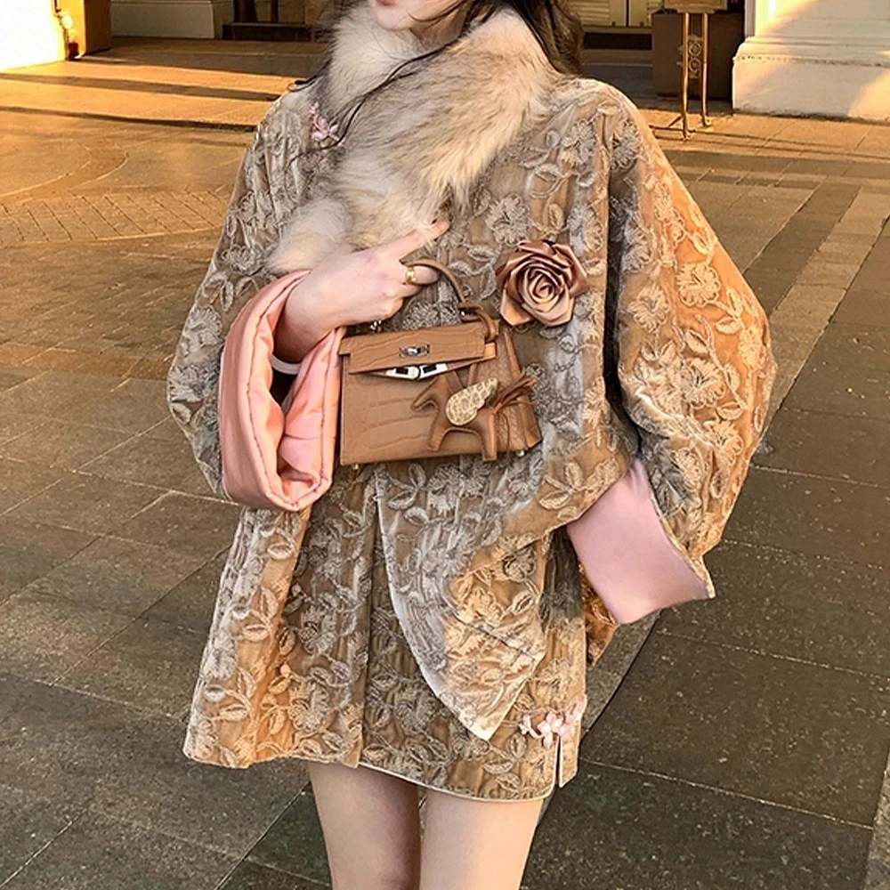 【落枫游冬】新中式银丝绣花丝绒羽绒服外套+半裙套装