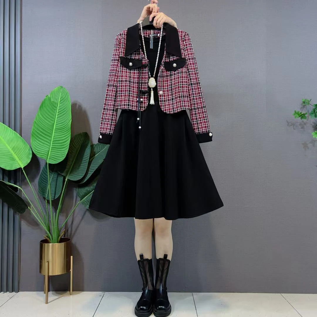 欧货胖妹妹新款时尚韩版重工复古盘扣复古小香风外套连衣裙两件套