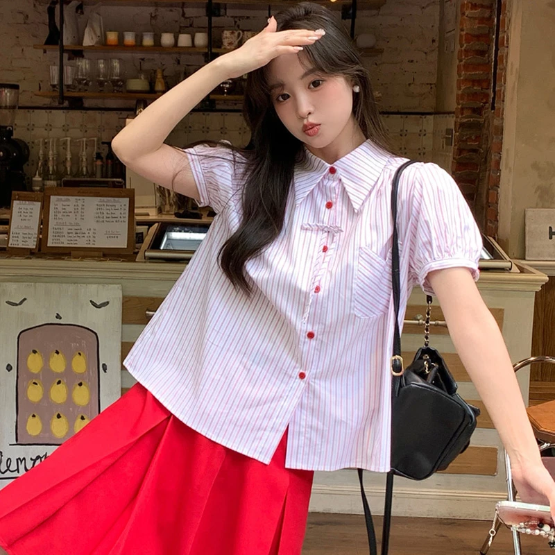 【诗姐优选】日系甜美条纹短袖衬衫女夏季新款显瘦小众泡泡袖衬衣潮