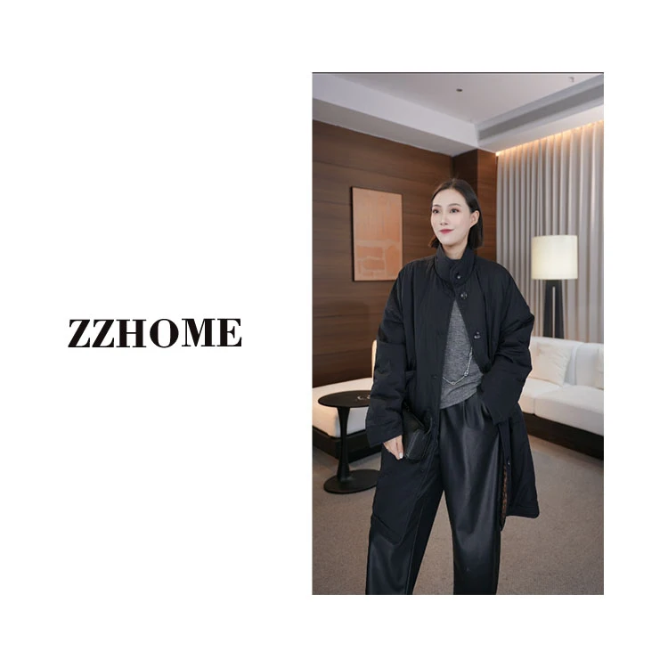 ZZHOME 小立领单排扣两面穿中长款棉服外套q170214p
