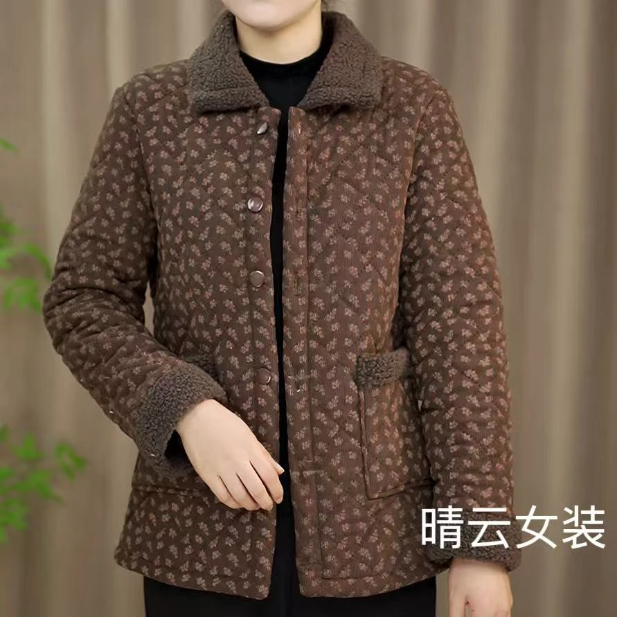 2025新款妈妈秋冬加绒棉衣中老年女装加厚碎花翻领外穿奶奶装棉衣