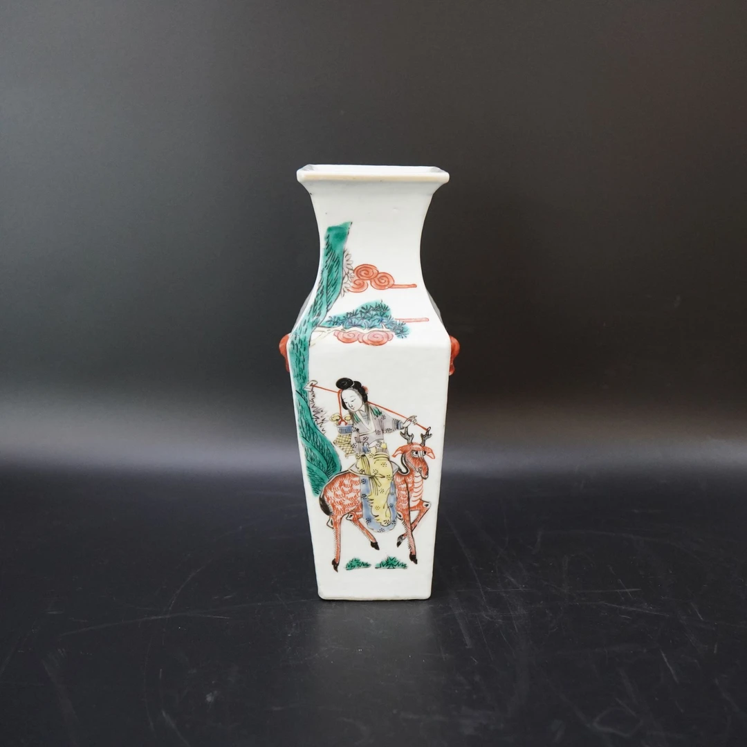Lot.25072546清同治粉彩人物诗文四方双兽耳赏瓶 高:约22.5cm