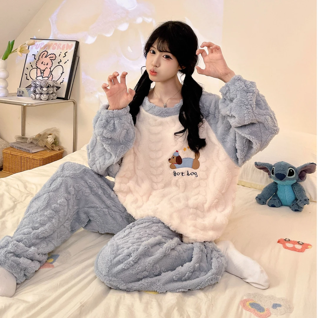 初中学生珊瑚绒加绒加厚睡衣女秋冬季可爱12大童13女孩15岁家居服
