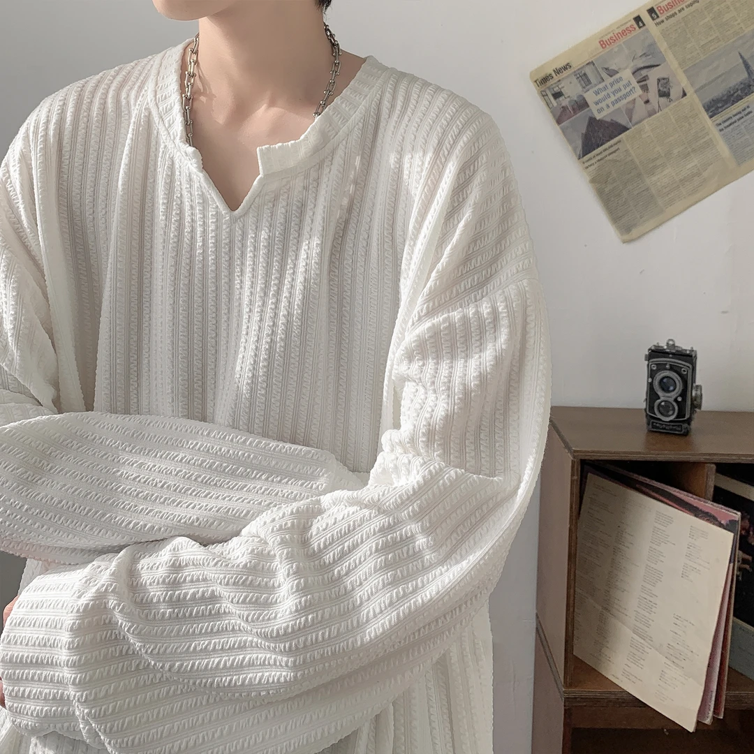 肌理V领长袖T恤男春秋潮牌宽松重磅上衣痞帅高级感白色内搭打底衫