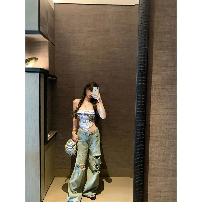高级感纯欲风抹胸背心上衣设计感高腰破洞阔腿拖地裤子牛仔裤套装