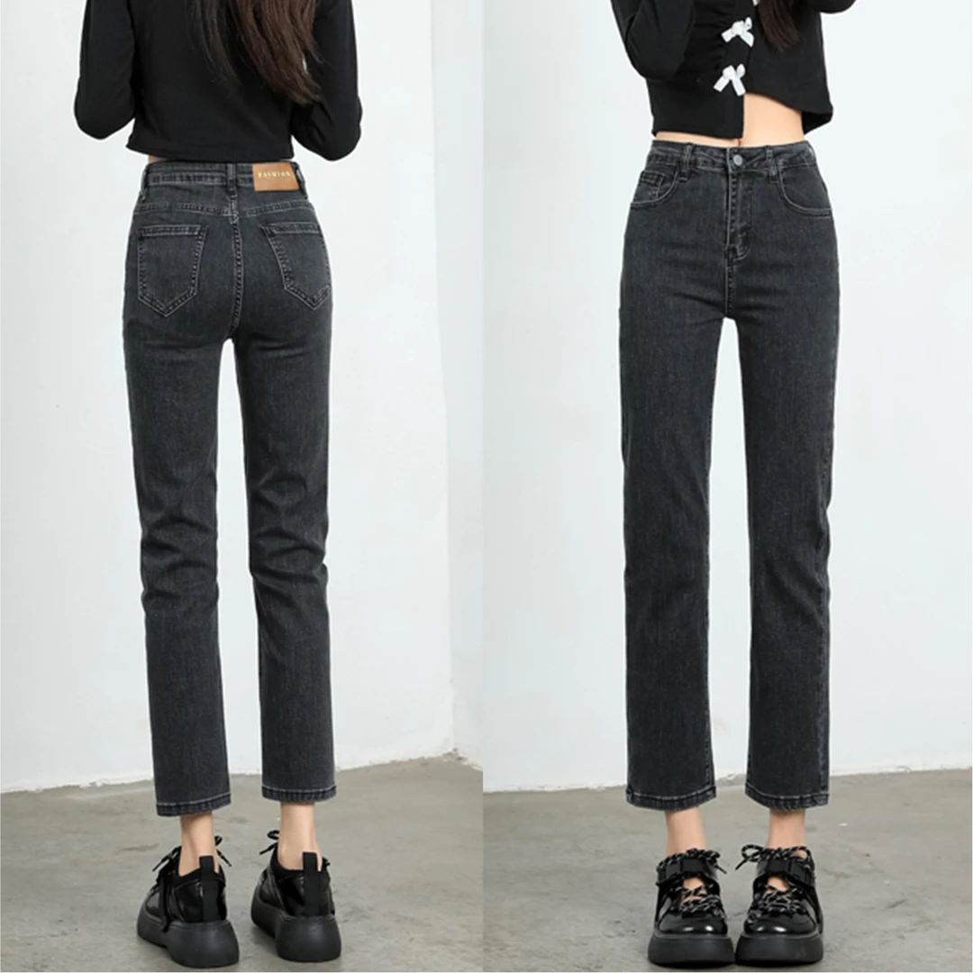 2025年秋冬加绒新款黑灰直筒牛仔裤女小个子窄版八九分法棍烟管裤