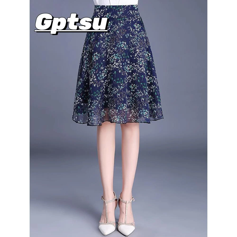 GPTSu碎花雪纺半身裙女夏季新款裙子高腰显瘦A字百褶裙小个子短裙