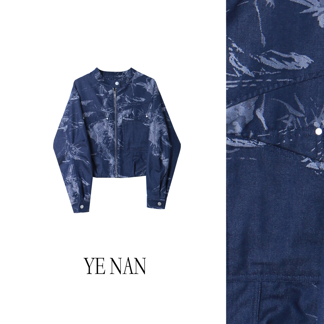 【小白】欧货水墨画提花洋气时尚设计感立领宽松牛仔外套SY271