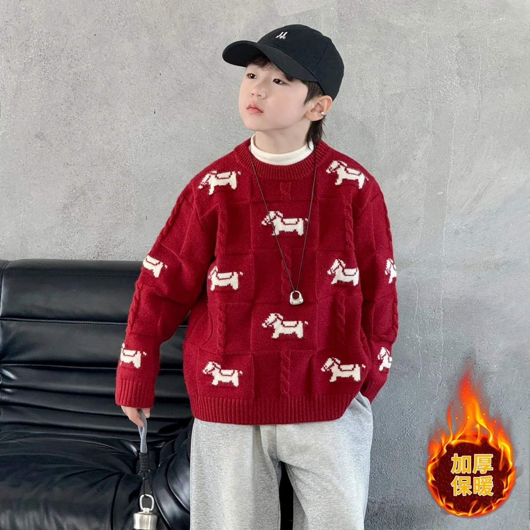 男童红色毛衣秋冬款2025新款马年中大童拜年服本命年儿童休闲男孩