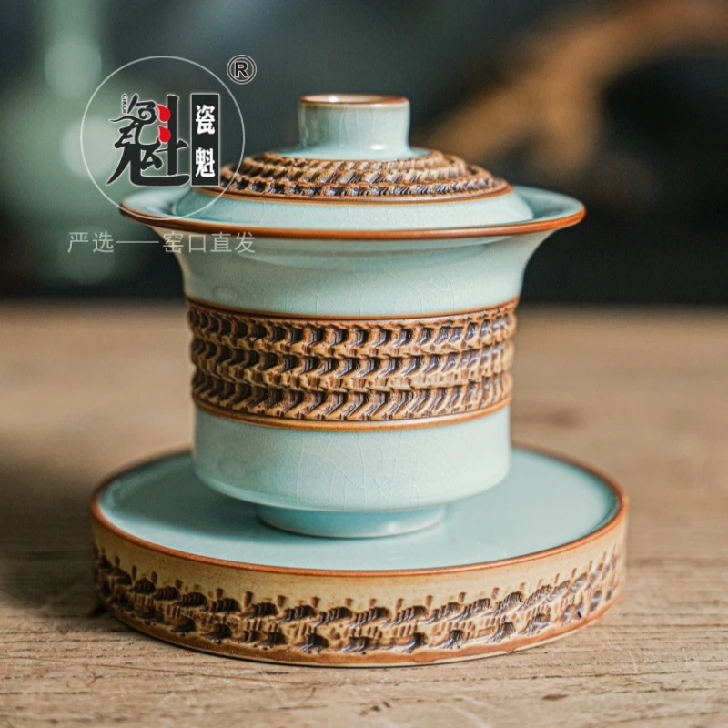 好客瓷魁 店行二十年 重工马蹄三才盖碗 不完美 天然开片