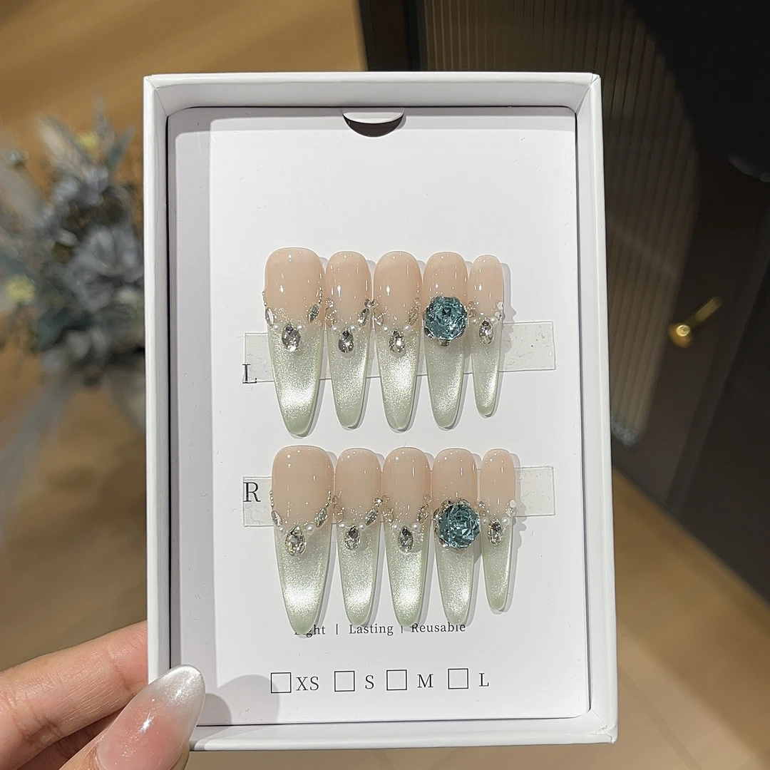 【青汁玉露】夏日冰透汽水猫眼显白清冷感纯手工穿戴甲