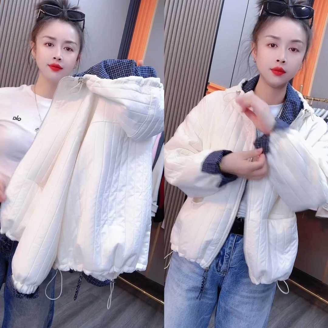 洋气夹薄棉韩版宽松百搭外套连帽短款加厚2025新款宽松夹克外套
