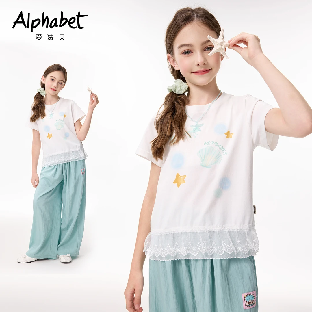 2025新款爱法贝短袖圆领印花女T恤夏季宽松女童上衣休闲透气