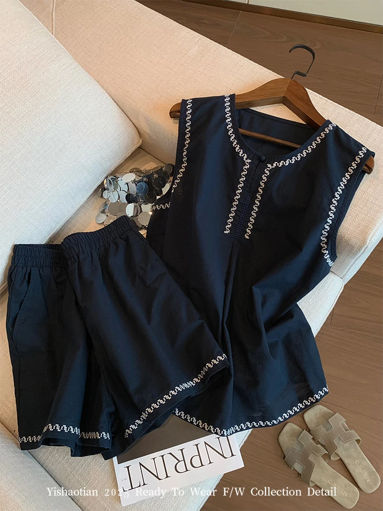 藏青色刺绣亚麻无袖背心套装女夏新款简约时尚气质显瘦短裤两件套