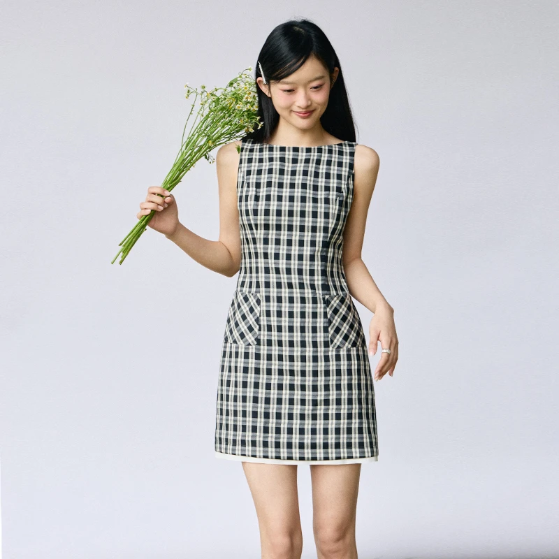 「PINPINPLUS」PP+夏洛克时髦知性风无袖格子连衣裙 PABEB622002Z