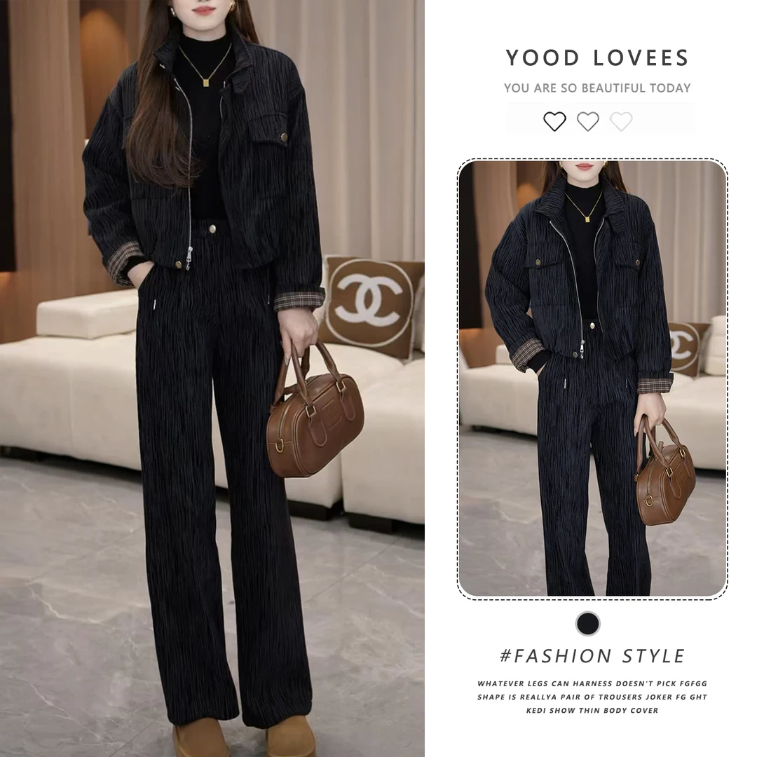 巨好看的冬装一整套女2025新款撞色加绒加厚外套高腰直筒裤两件套