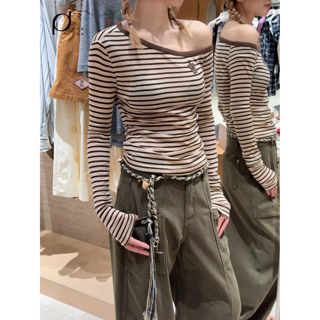 REVAN2025夏斜肩侧褶条纹长袖T恤女699dopdop买手店