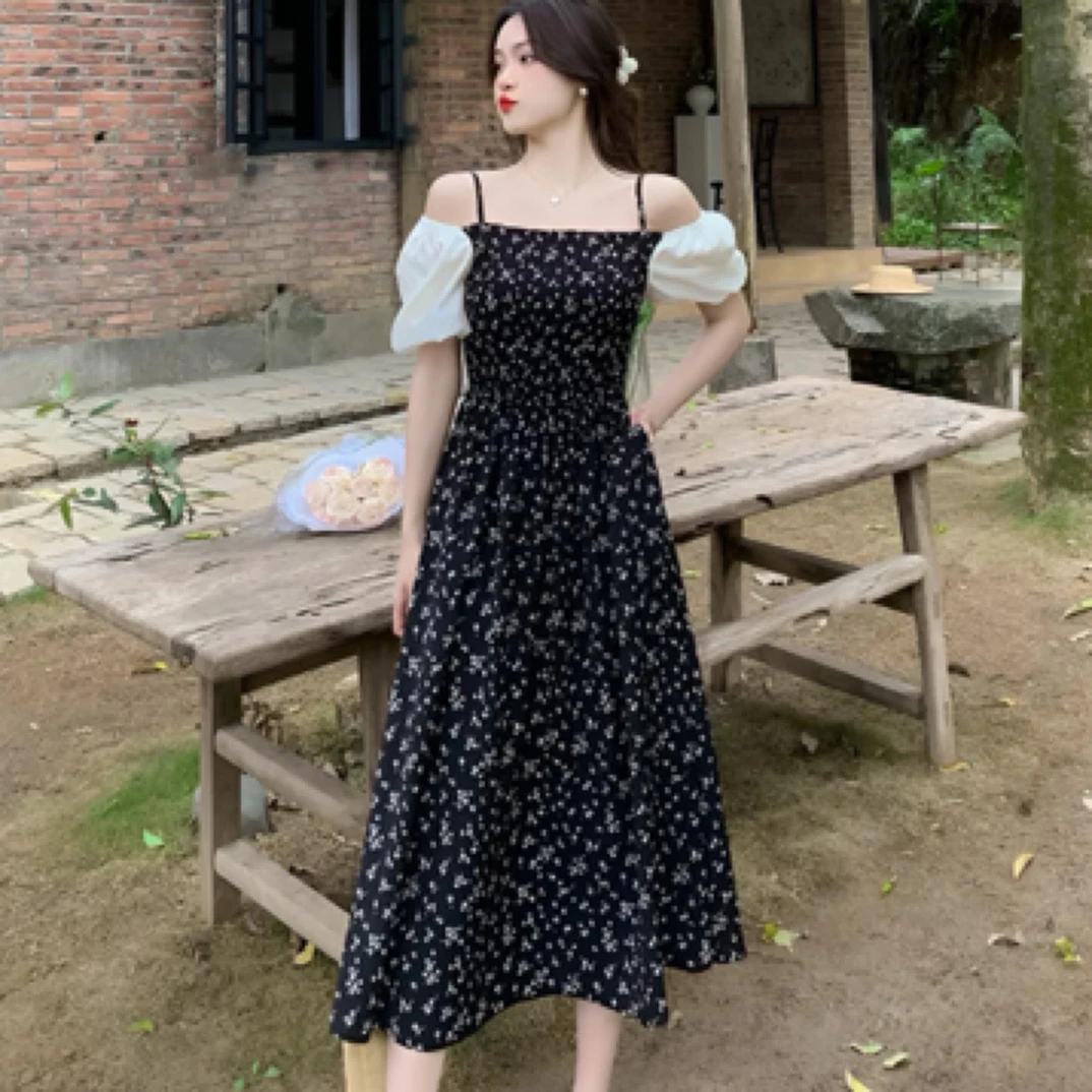 法式复古碎花连衣裙显瘦遮肉气质吊带过膝长裙夏季女装
