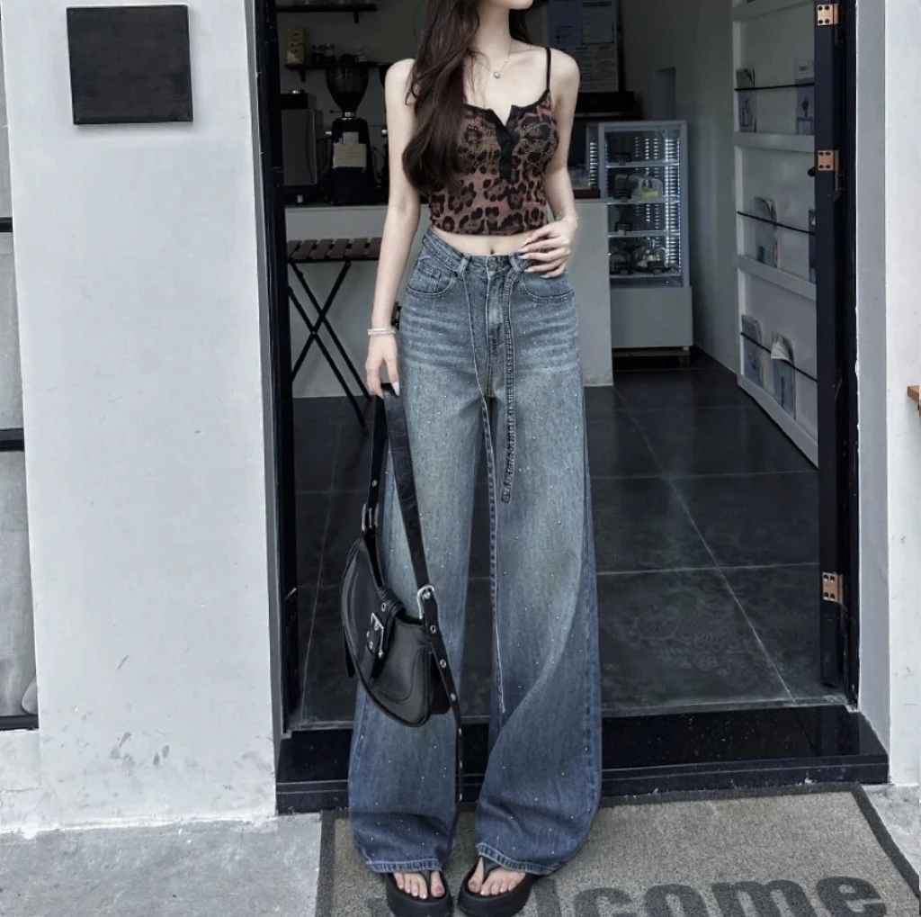 【运费险+腰带】满天星渐变色烫钻冬季新款休闲宽松阔腿女牛仔裤52