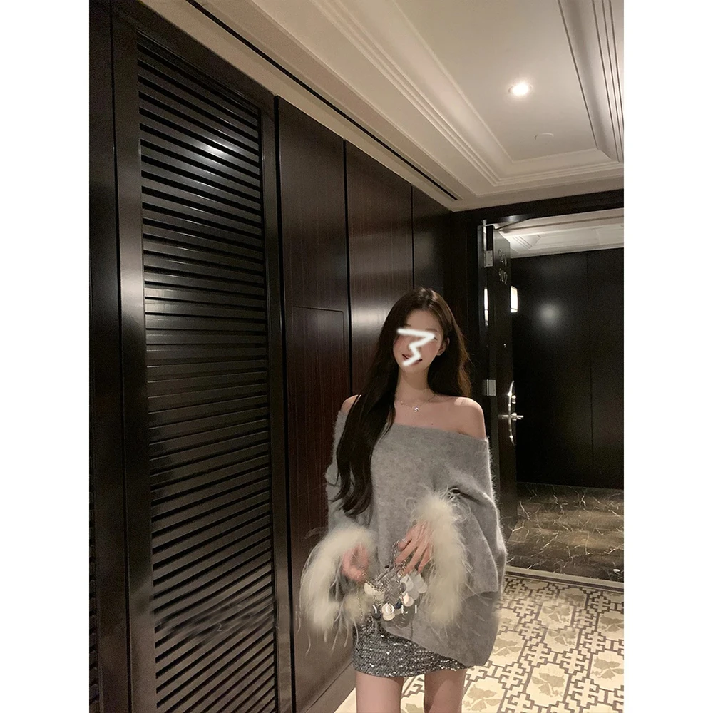 【小富婆】"6-8运补灰色一字肩毛衣女秋季宽松慵懒上衣＋短裙