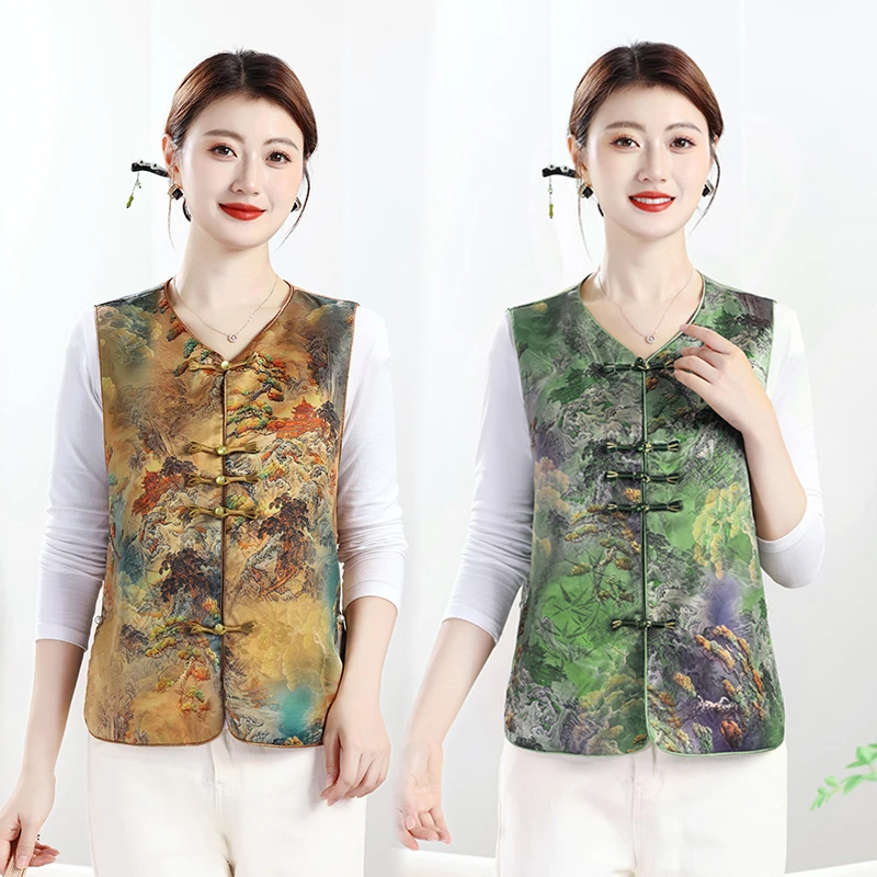 【现货】中式国风气质马甲时尚复古提花坎肩背心盘扣女装新款无袖