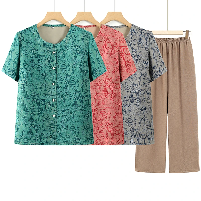 奶奶夏季植物花卉老人短袖衬衫夏装休闲常规妈妈装福态中老年女装