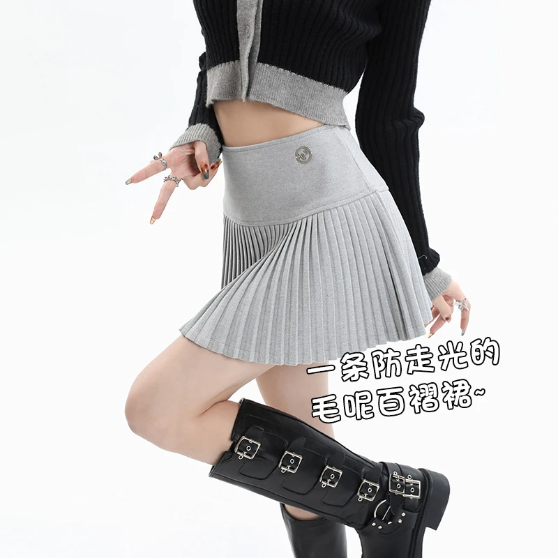 灰色毛呢百褶半身裙女春秋2025新款高腰显瘦小个款防走光a字短裙