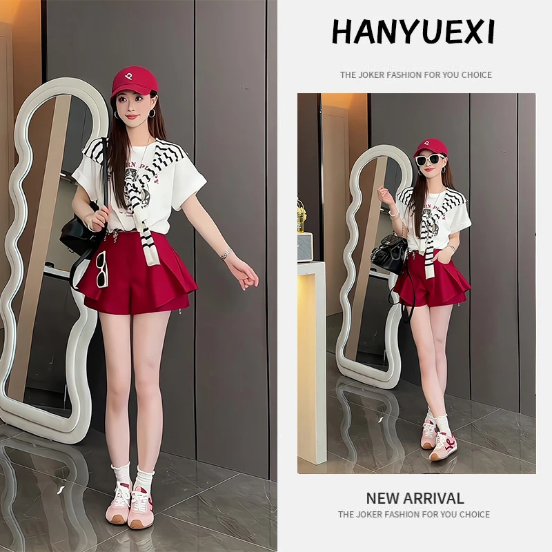 夏季一整套女装2025年新款韩版遮肚显瘦减龄短袖上衣短裙裤两件套