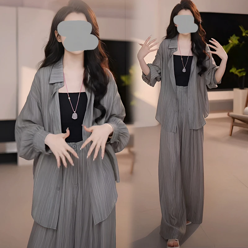 感休闲松弛夏季衬衫套装穿搭ootd扎染2025女新款两件套阔腿裤减龄