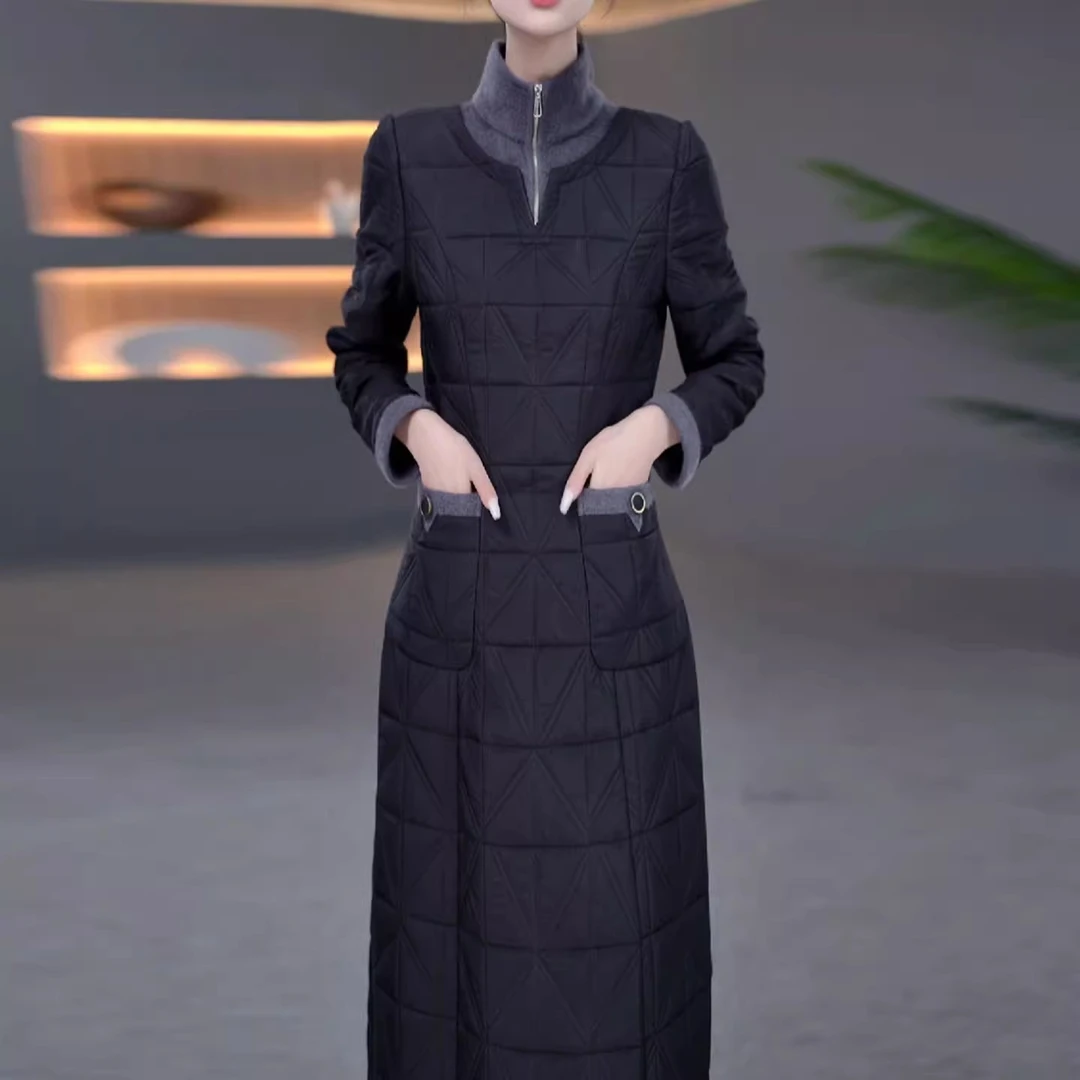 时尚长袖夹棉加厚连衣裙女2025秋冬新款妈妈洋气立领遮肉显瘦裙子
