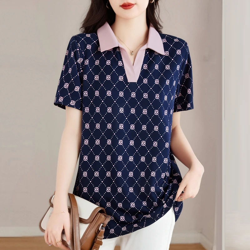 大码短袖polo衫女宽松2025新款夏季女士t恤中年妈妈印花翻领上衣