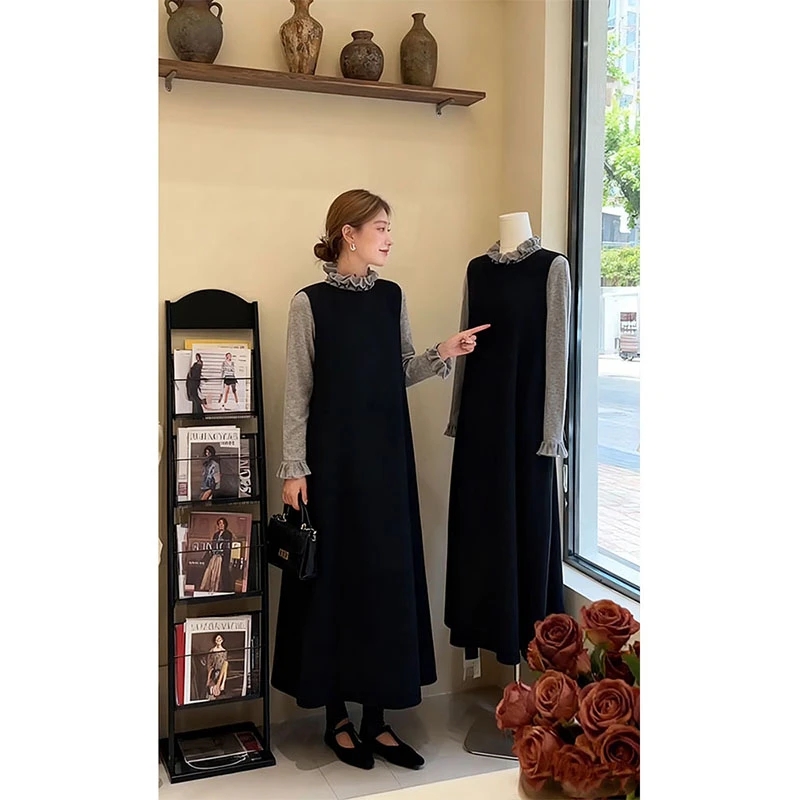 parkyeon高级感灰色木耳边打底衫上衣女时髦黑色花苞连衣裙套装