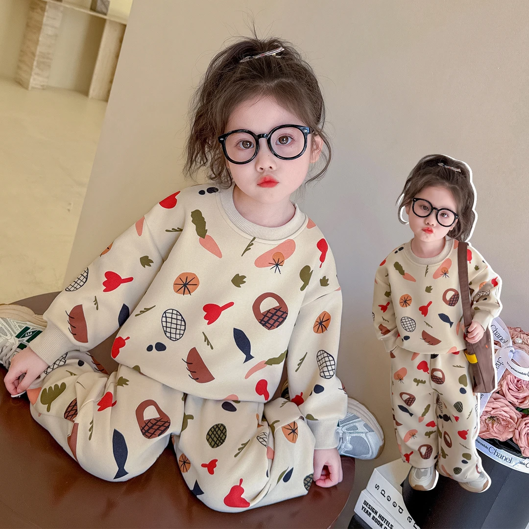 女童套装洋气运动儿童满印卫衣休闲两件套小女孩宝宝春秋装新款潮