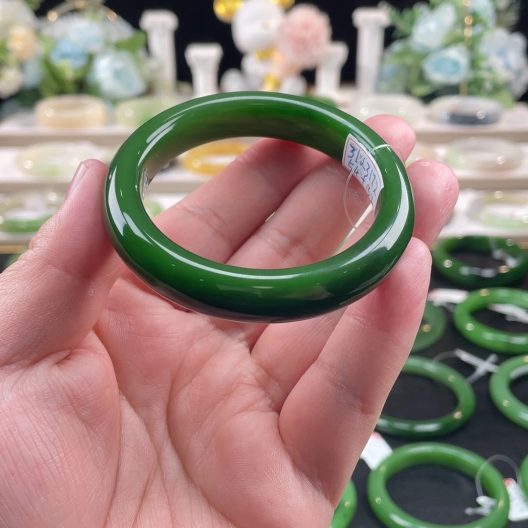 和田玉未镶嵌手镯七号矿辣菠菜绿54+