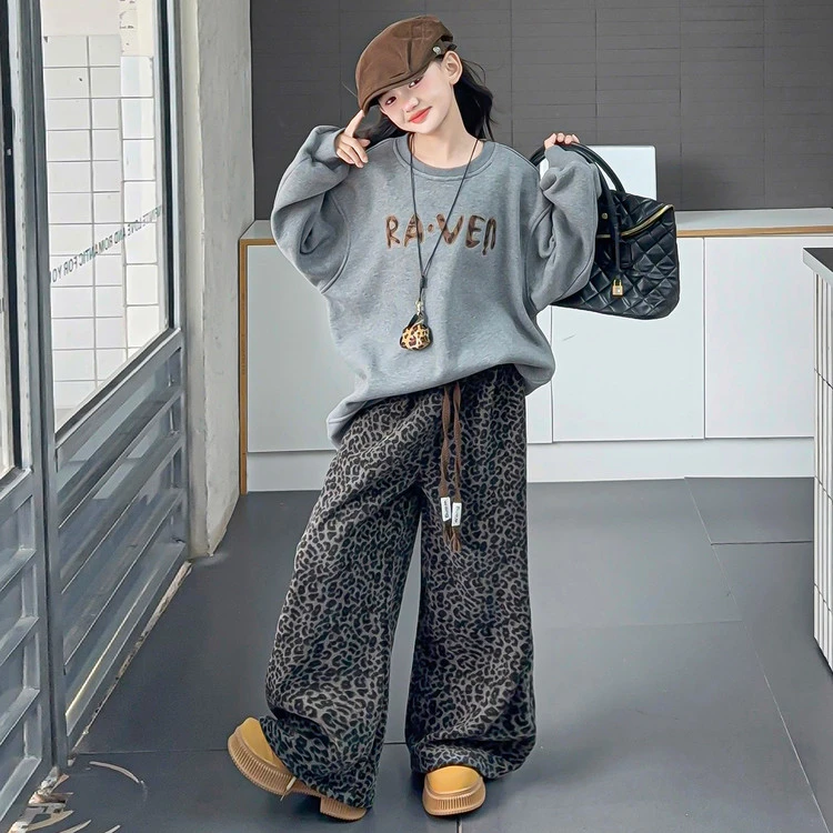 女童套装秋冬款2025新款洋气中大童秋季韩版加厚加绒两件套豹纹裤