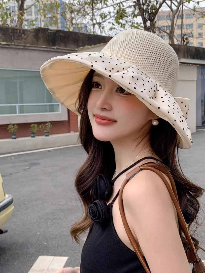 新款波点拼接布帽可折叠大沿帽女遮脸防晒盆帽时尚休闲遮阳渔夫帽