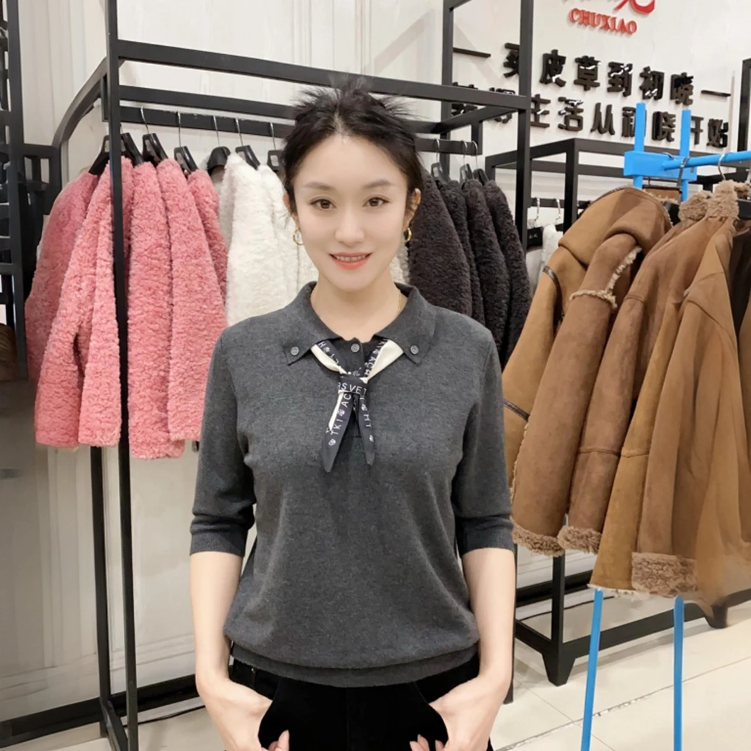 初晓2025年秋季纯色翻领丝巾衫休闲显瘦女装 酒红 上青 灰色 8560