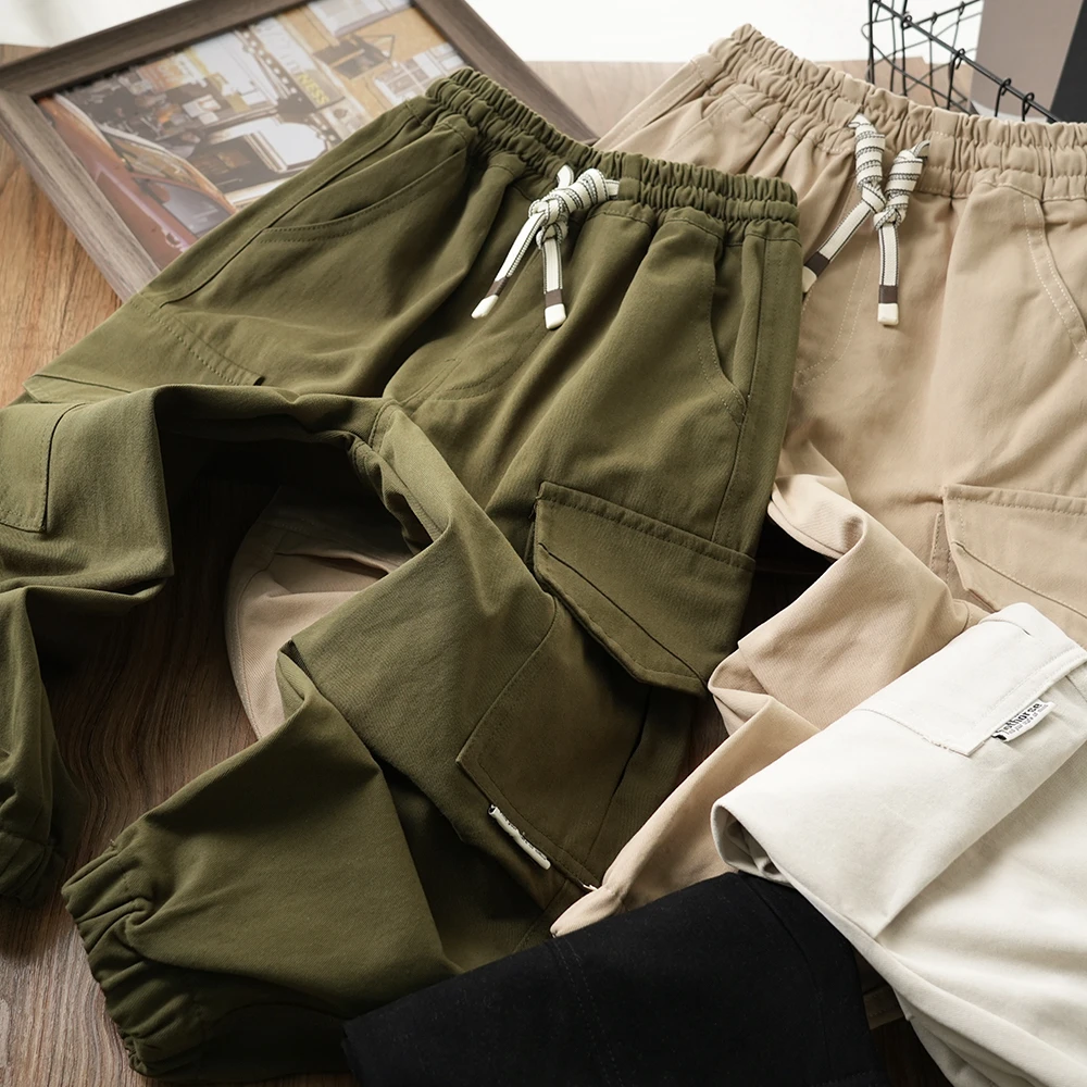 儿童春季口袋捏褶休闲工装裤中大童抽绳百搭裤子潮童S822