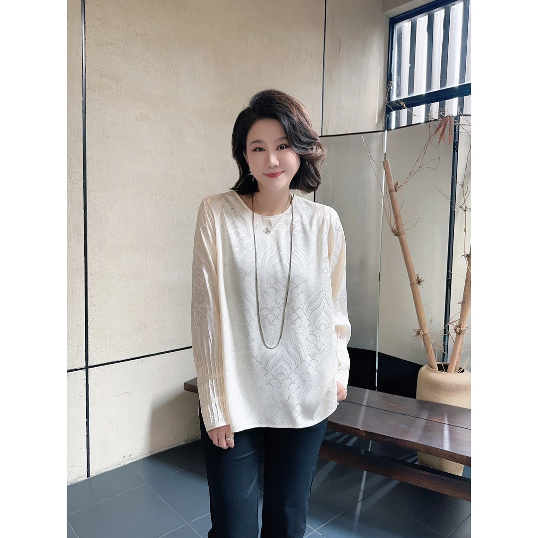 微胖女装【国色芳华】国风提花风琴袖圆领衬衫鱼鳞纹暗花衬衣20591